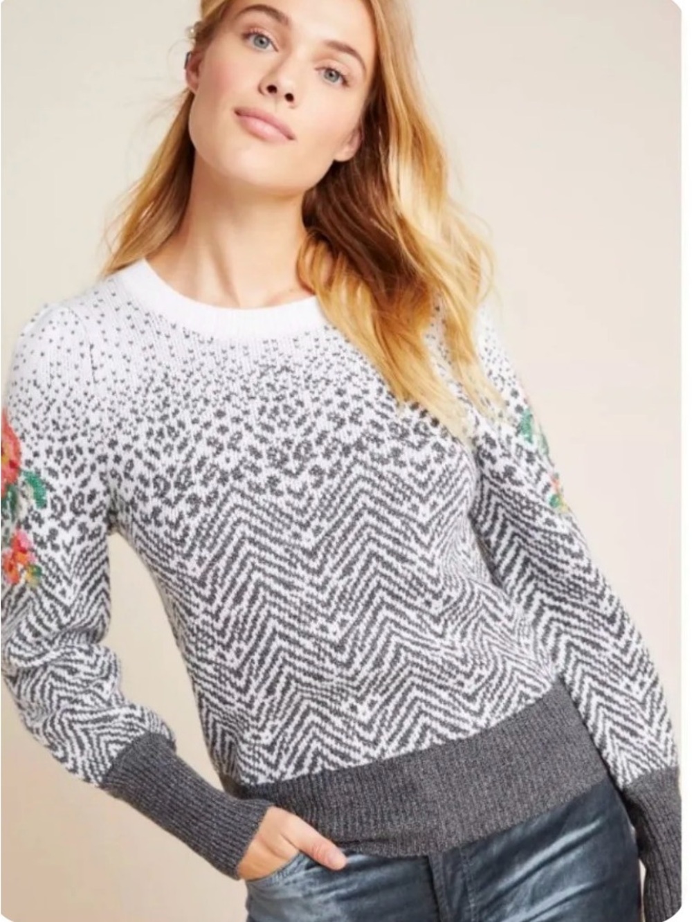 Anthropologie Karolina Fair Isle Chevron Floral Puff Sleeve Sweater Small S